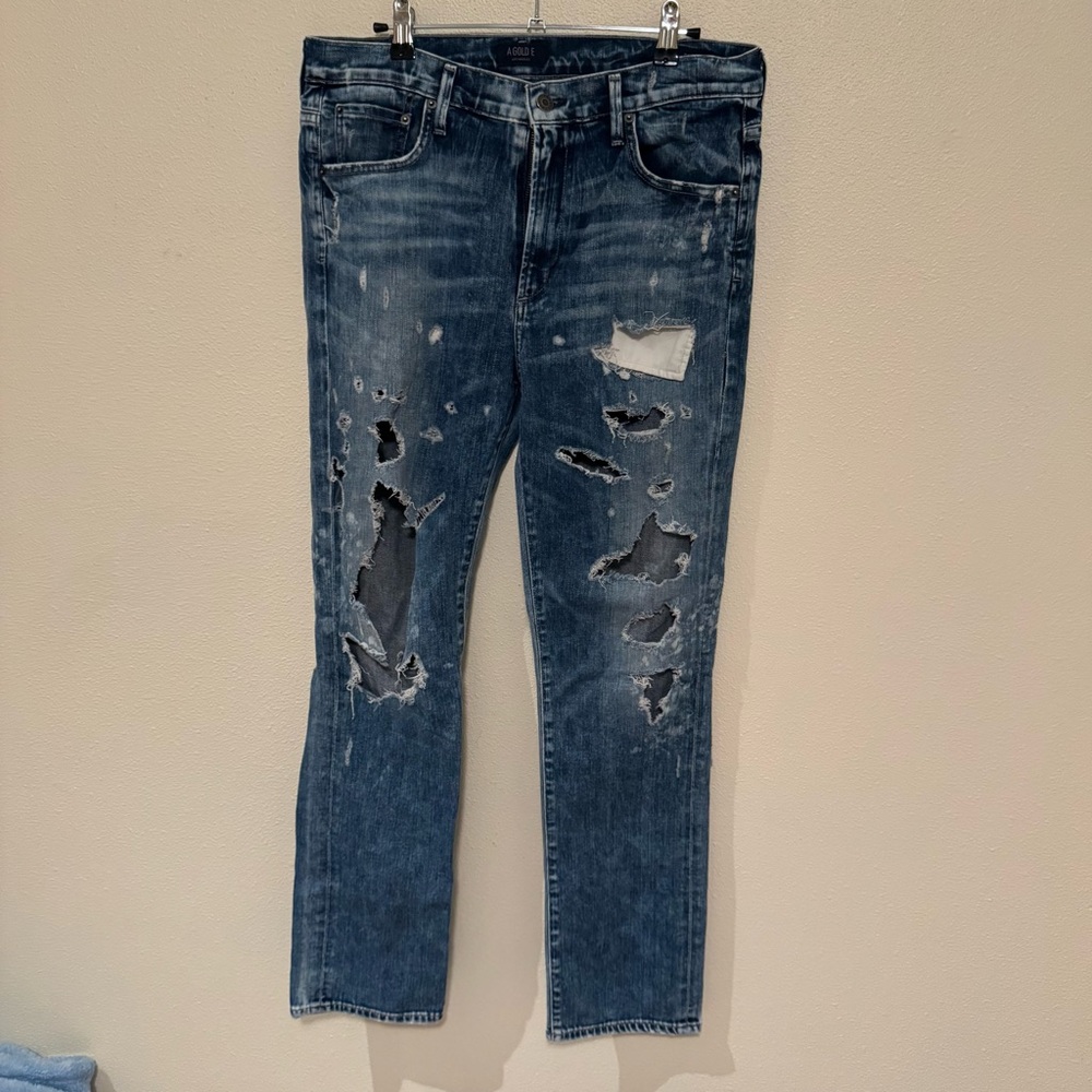 Agolde Distressed Blue Slim Straight Jeans